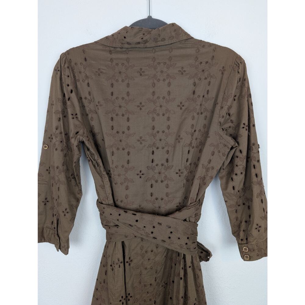 CAbi Midi Dress Floral Eyelet Faux Wrap Shirt Retro Rockabilly Brown Size 8 - Picture 6 of 11